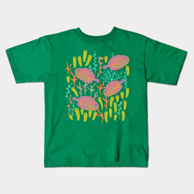 TROPICAL ZONE Coral Reef Fish Undersea Ocean Sea Creatures in Pink Purple Yellow Orange on Green - UnBlink Studio by Jackie Tahara Kids T-Shirt by UnBlink Studio by Jackie Tahara